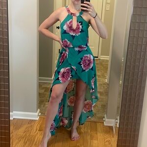 Beautiful Tropical High Low Dress Pink Teal